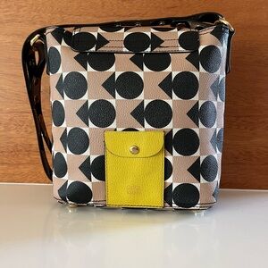 Orla Kiely black and tan leather Crossbody Bag with Geometric Design